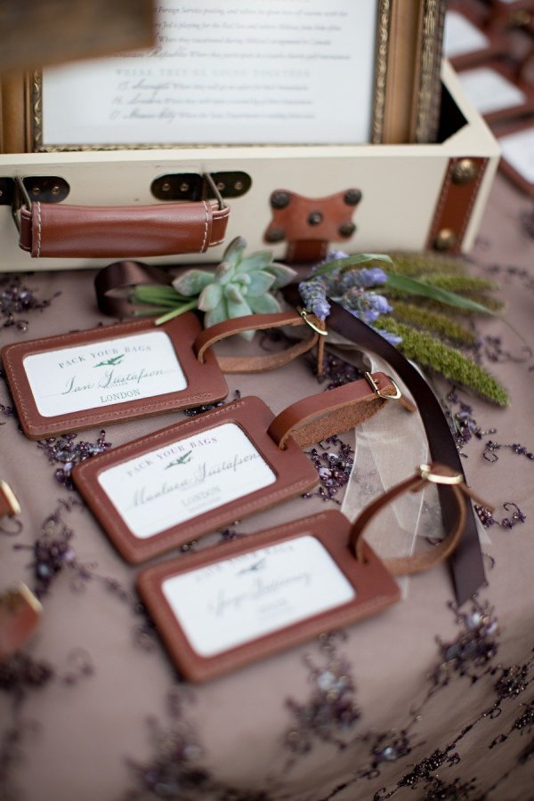 Currys Leather designs Luggage Tag Favors for weddings that also double as escort cards. All Luggage Tag Favors are made by hand